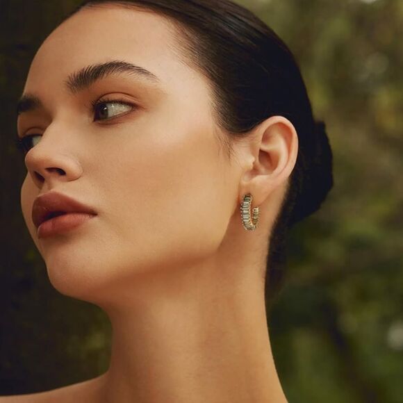 14K Yellow Gold with Green Peridot Cubic Zirconia Drop Hoop Leverback Earrings - Picture 6 of 7